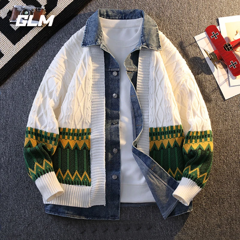 GLM牛仔拼接设计感外套男春秋季提花撞色假两件休闲百搭开衫毛衣