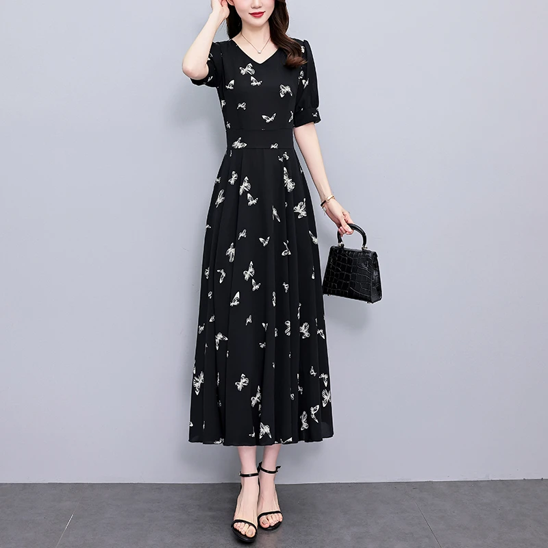 妈妈时尚印花连衣裙女夏季2025新款大码收腰显瘦过膝气质A字长裙