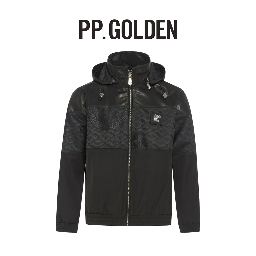 PP.GOLDEN男士秋冬时尚百搭字母刺绣拼皮可脱卸帽棉服GJK6921985
