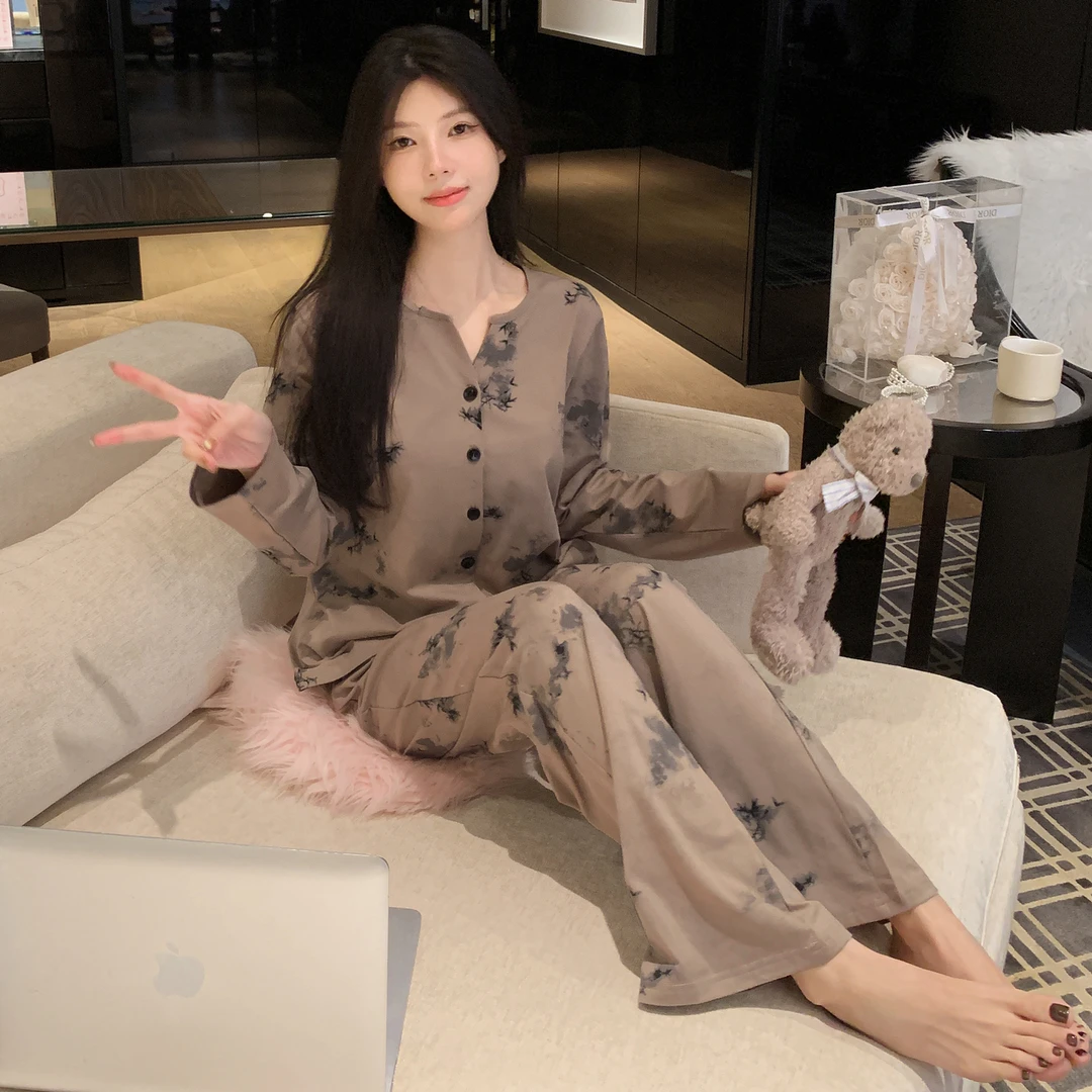 睡衣女春秋纯棉长袖秋款全棉水墨女式秋季宽松精致妈妈秋冬家居服