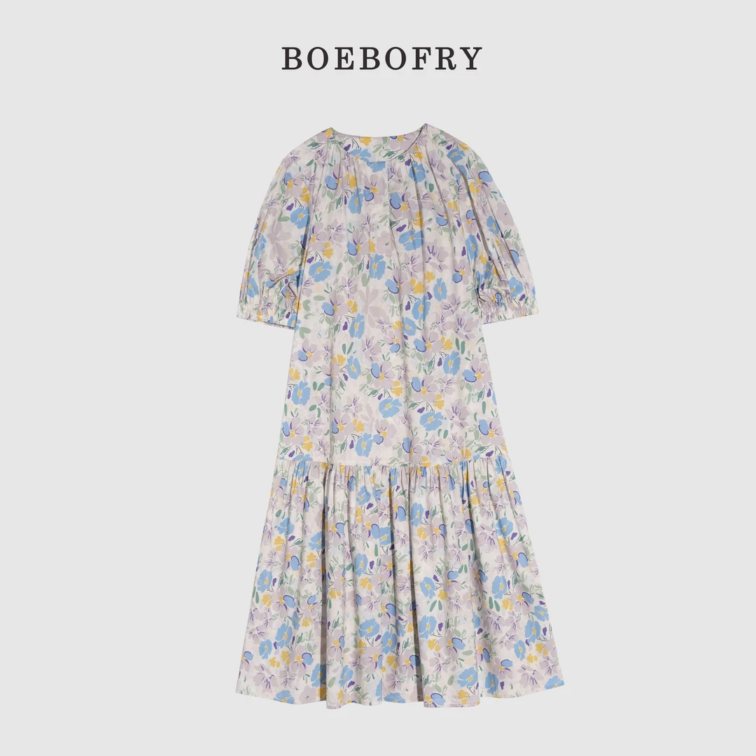 BOEBOFRY<田园花卉>100%棉圆领气质优雅减龄碎花连衣裙BE2L0848
