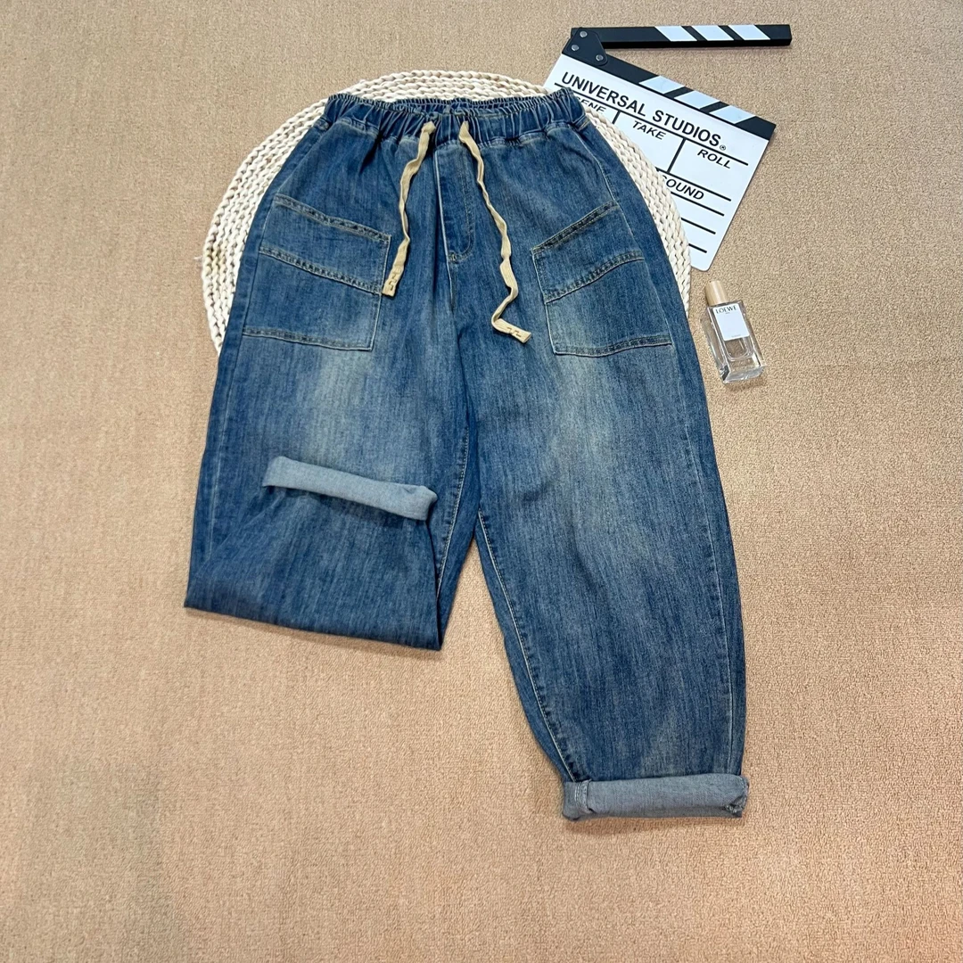 大锦家6223春夏款弹力牛仔蓝双口袋宽松洋气百搭显瘦款哈伦老爹裤