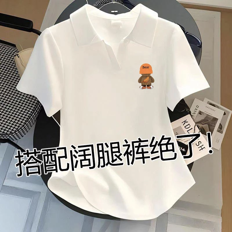 时尚2025夏季新款大码胖mm翻领短袖t恤女韩版设计感印花百搭上衣