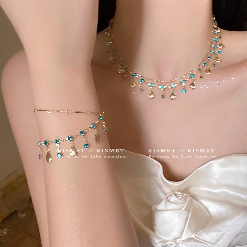 铜合金仿珍珠项链 蓝色之恋~超闪双层贝壳项链女夏季锁骨链流颈链