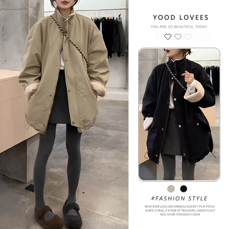 立领工装风加绒加厚中长款拼接外套女2025冬季新款百搭保暖夹克