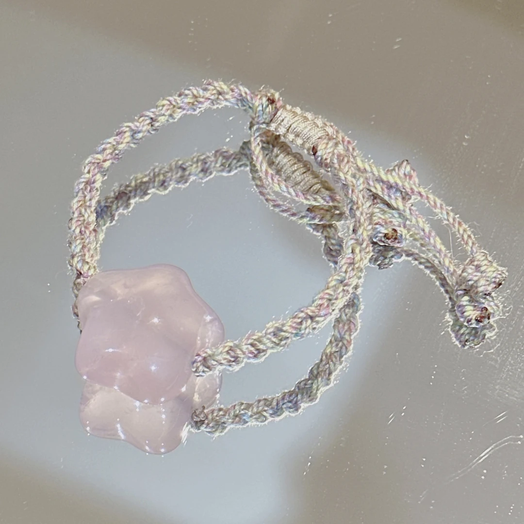 SG1822-［彩棉麻胖星］粉水晶编织可调节手链复古均有瑕多样发