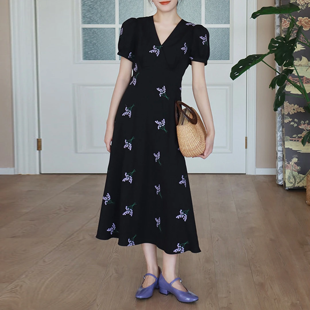 【富贵专属】精致名媛风V领碎花裙夏季泡泡袖褶皱印花连衣裙CYK243