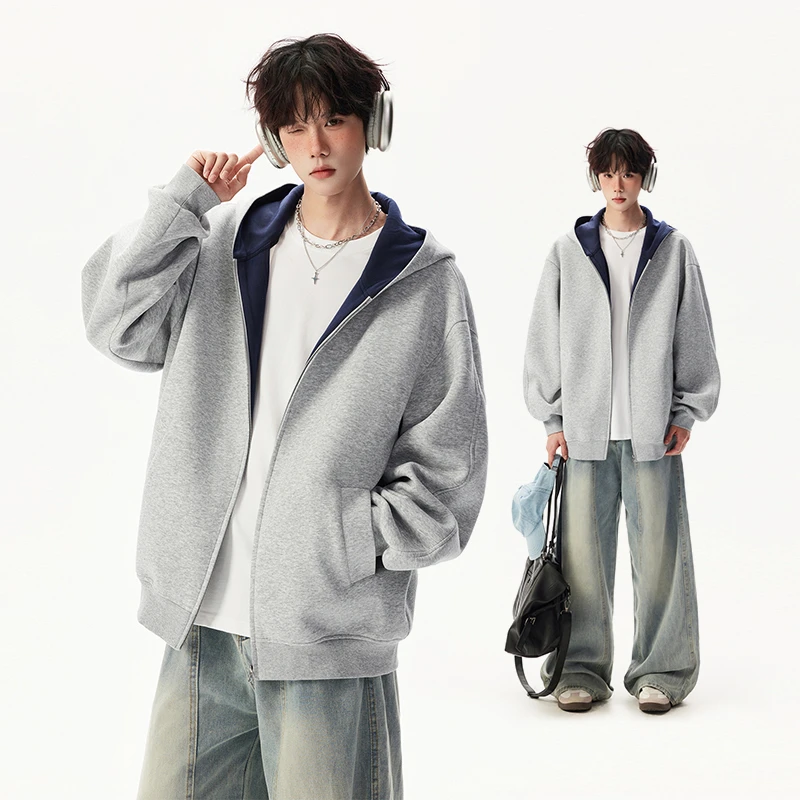 春秋重磅开衫连帽卫衣耐磨休闲情侣款百搭宽松潮流纯色基础上衣