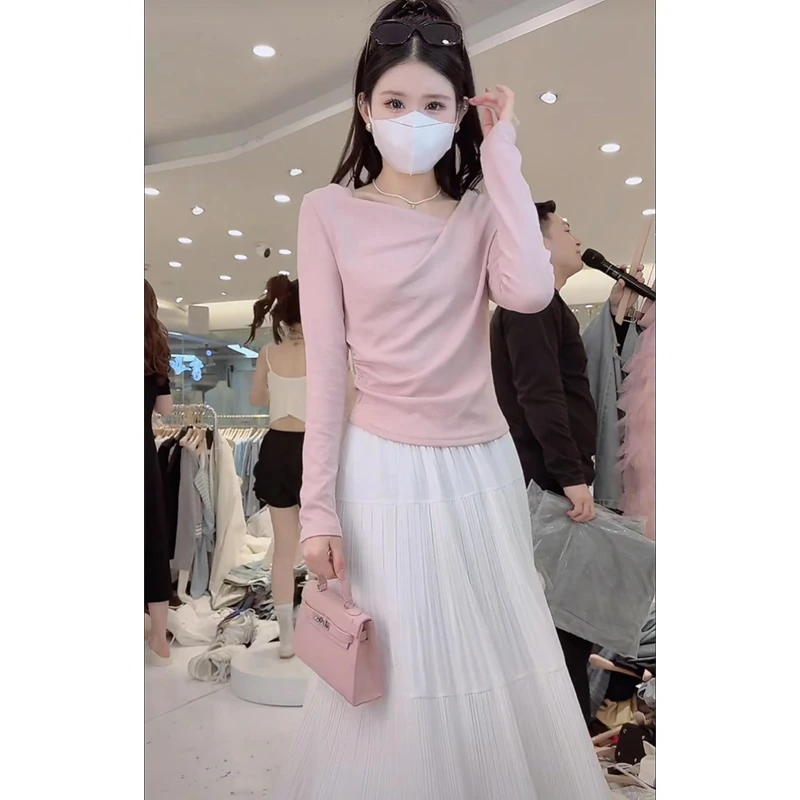 不规则设计感荡领长袖T恤女春季显瘦褶皱收腰洋气修身一字肩上衣