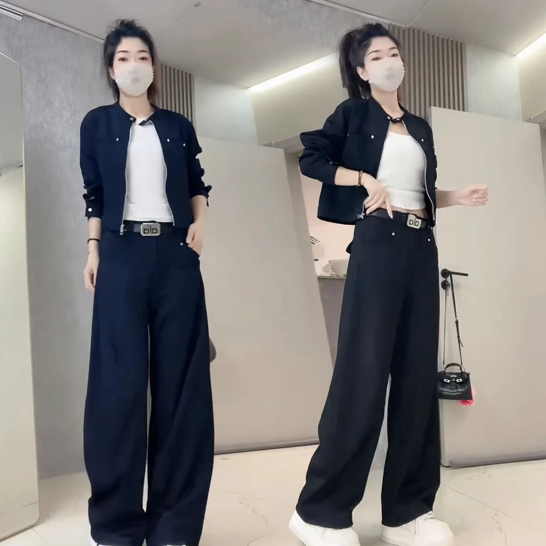 春秋网红爆款休闲运动服工装套装女简约显瘦外套直筒阔腿裤两件套