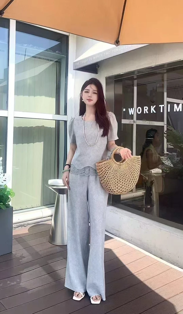 【QX516】浅色蕾丝花边时尚套装女夏气质显瘦通勤阔腿裤两件套