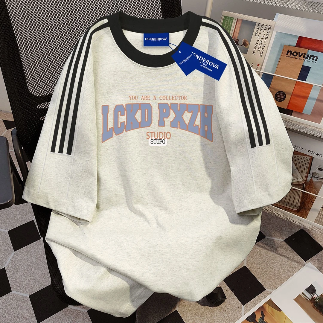 100%纯棉ins国潮字母印花三条杠圆领短袖t恤男女夏季潮流情侣上衣