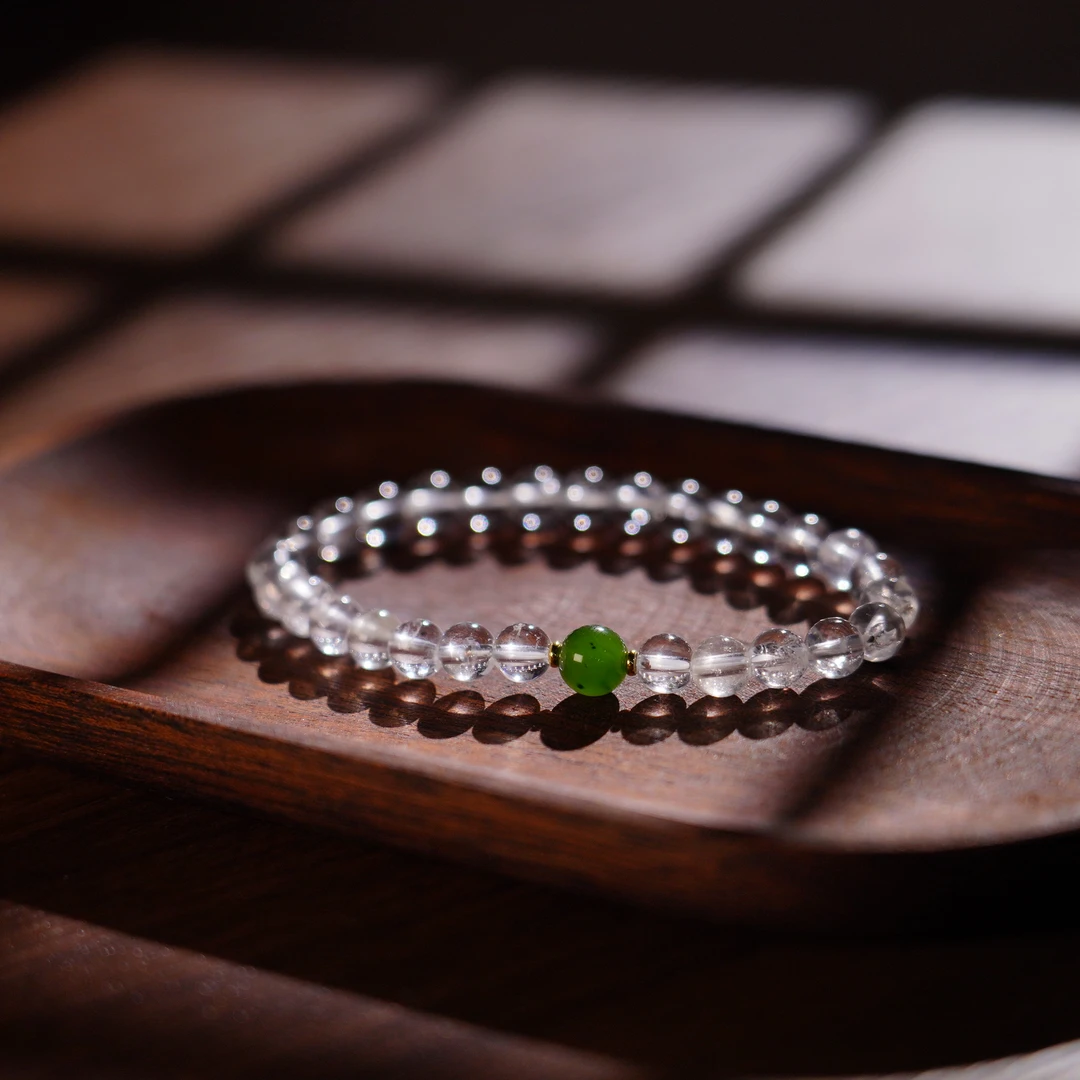 【缺货】白水晶搭碧玉手串 6mm YJ1212