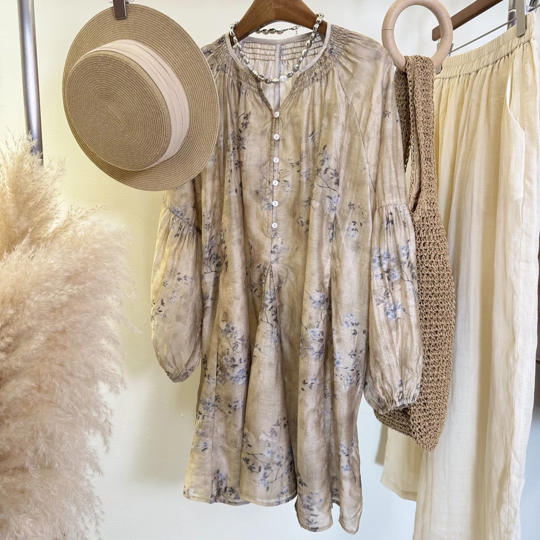 YILE▪【许尽欢】法式复古风小V领水墨晕染碎花中长款百搭上衣