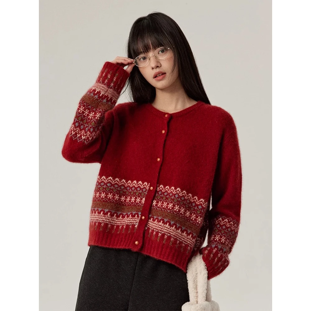 高级感百搭新年复古红色费尔岛女秋冬款气质针织开衫洋气毛衣加厚