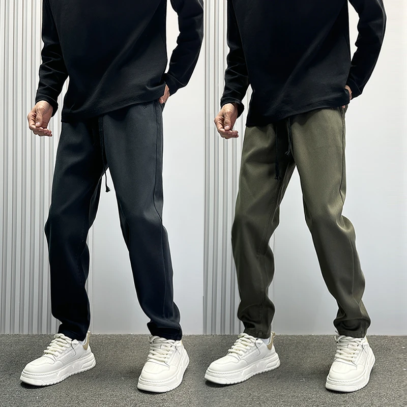 修身显瘦直筒休闲裤男春夏新款绿色微锥小脚裤痞帅男生百搭哈伦裤