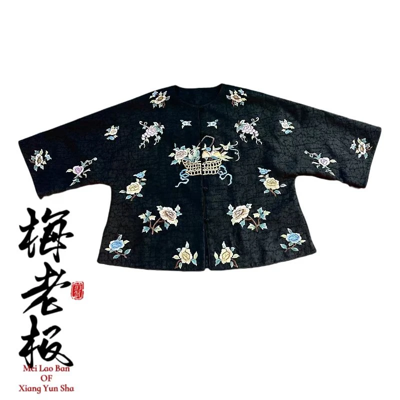 【梅老板】薄款夏季常规款提花短袖刺绣立领上衣86672