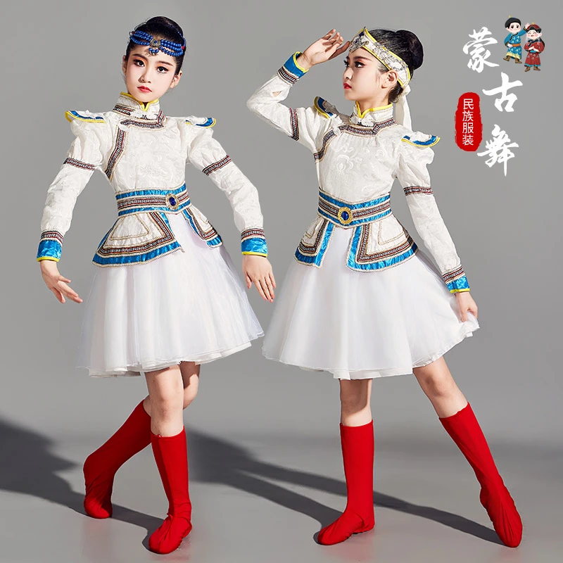 儿童蒙古服装六一新款女童蒙古舞蹈服饰白马筷子舞少数民族演出服