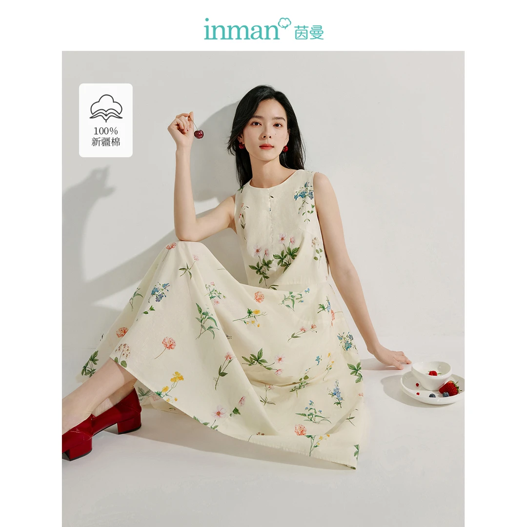 【欧若风新品】茵曼甜美植物碎花背心连衣裙女宽松公主风无袖长裙