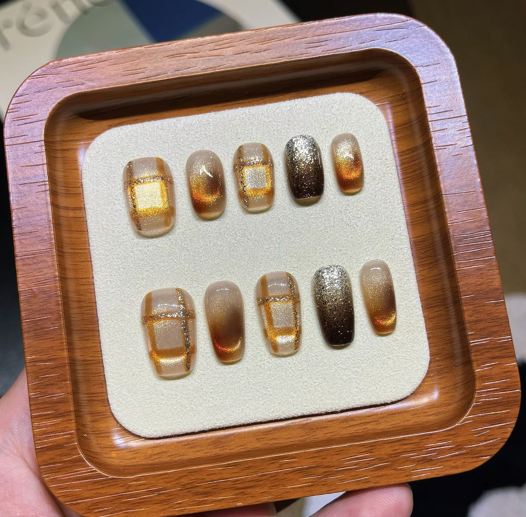 WuYe.Nail/雾野【秋分】纯手工秋冬格纹手绘琥珀色穿戴甲