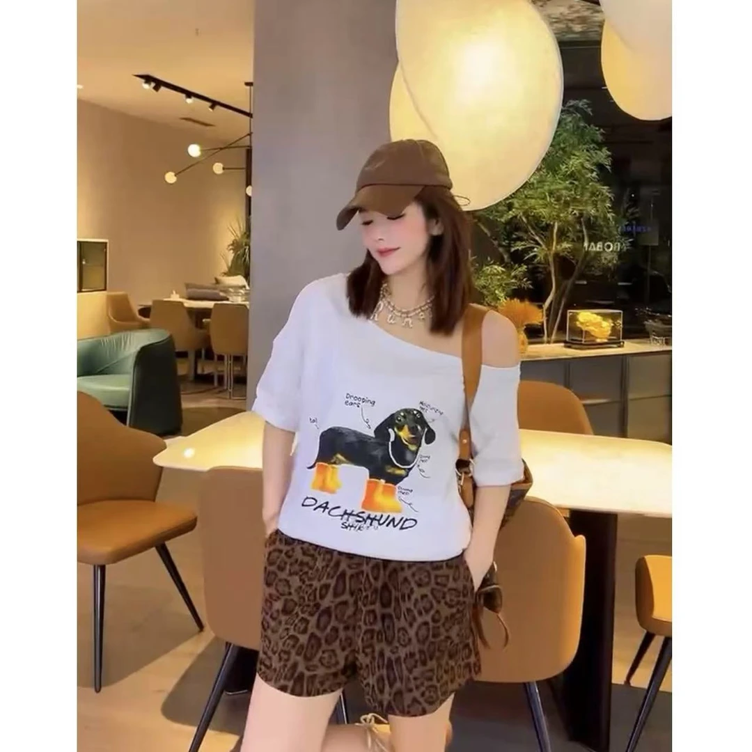 D032咖色豹纹夏季松紧腰阔腿裤高腰系带显瘦a字休闲韩系洋气短裤