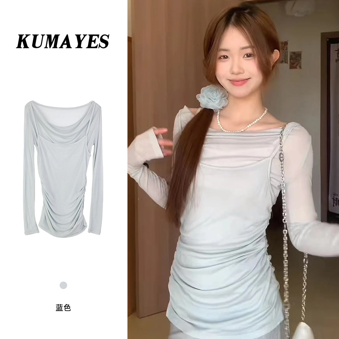 KUMAYES纯欲风荡领假两件褶皱长袖T恤女亲肤掐腰修身遮肉内搭上衣