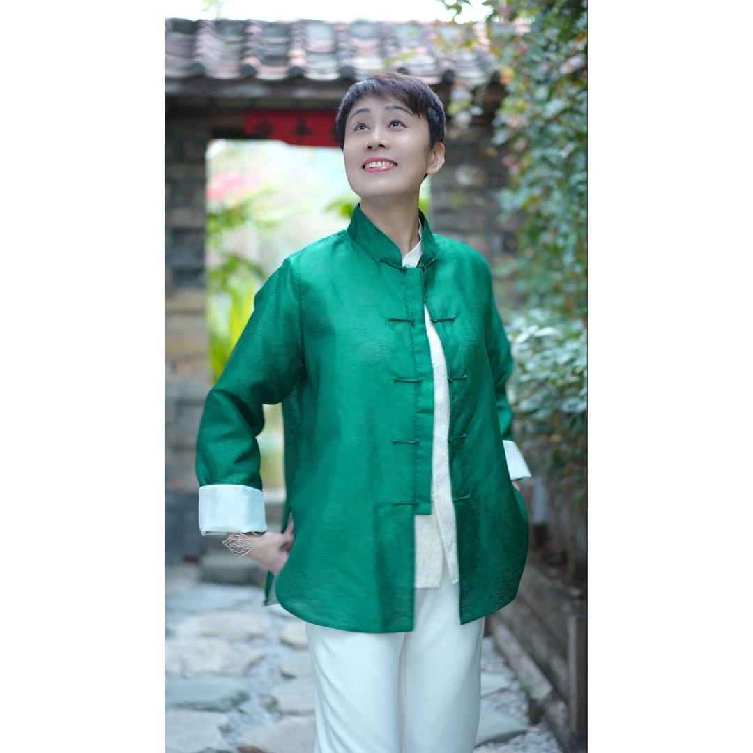 自许[满绿]软烟罗100桑蚕丝气质减龄上衣设计师款高奢女士衬衫