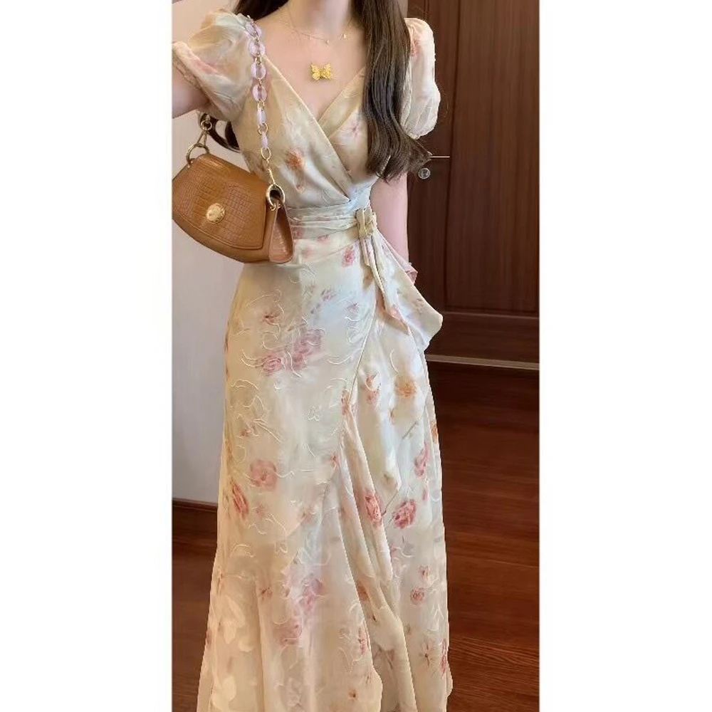 夏季新款法式浪漫一片式绑带印花连衣裙荷叶边气质长裙