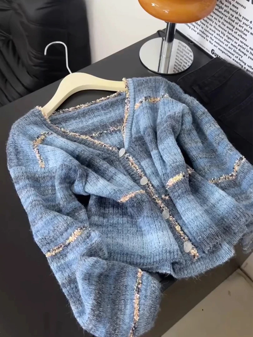 蓝色渐变毛衣开衫女秋冬季新款慵懒风宽松显瘦针织长袖外套上衣潮