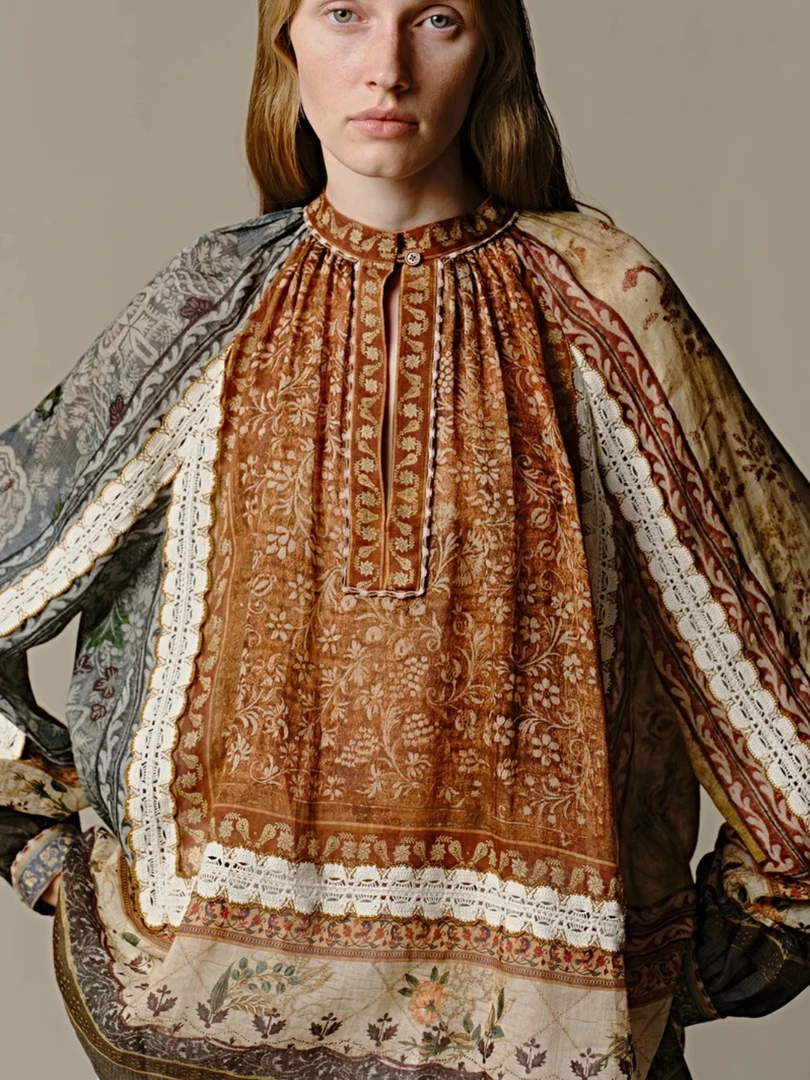 INTO THE EAST苎麻印花拼接蕾丝上衣