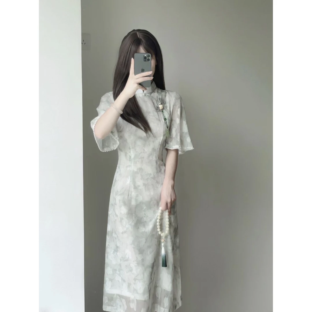 绿色2025年春季新款小清新优雅超气质改良旗袍长款日常年轻连衣裙