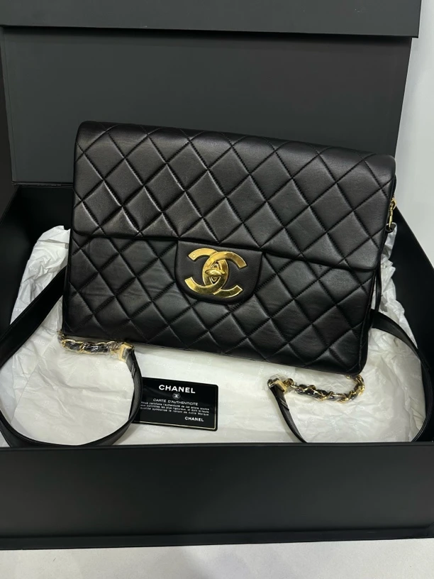 95新 Chanel/香奈儿 黑金贝嫂双肩包3开卡30cm/JJ5031708