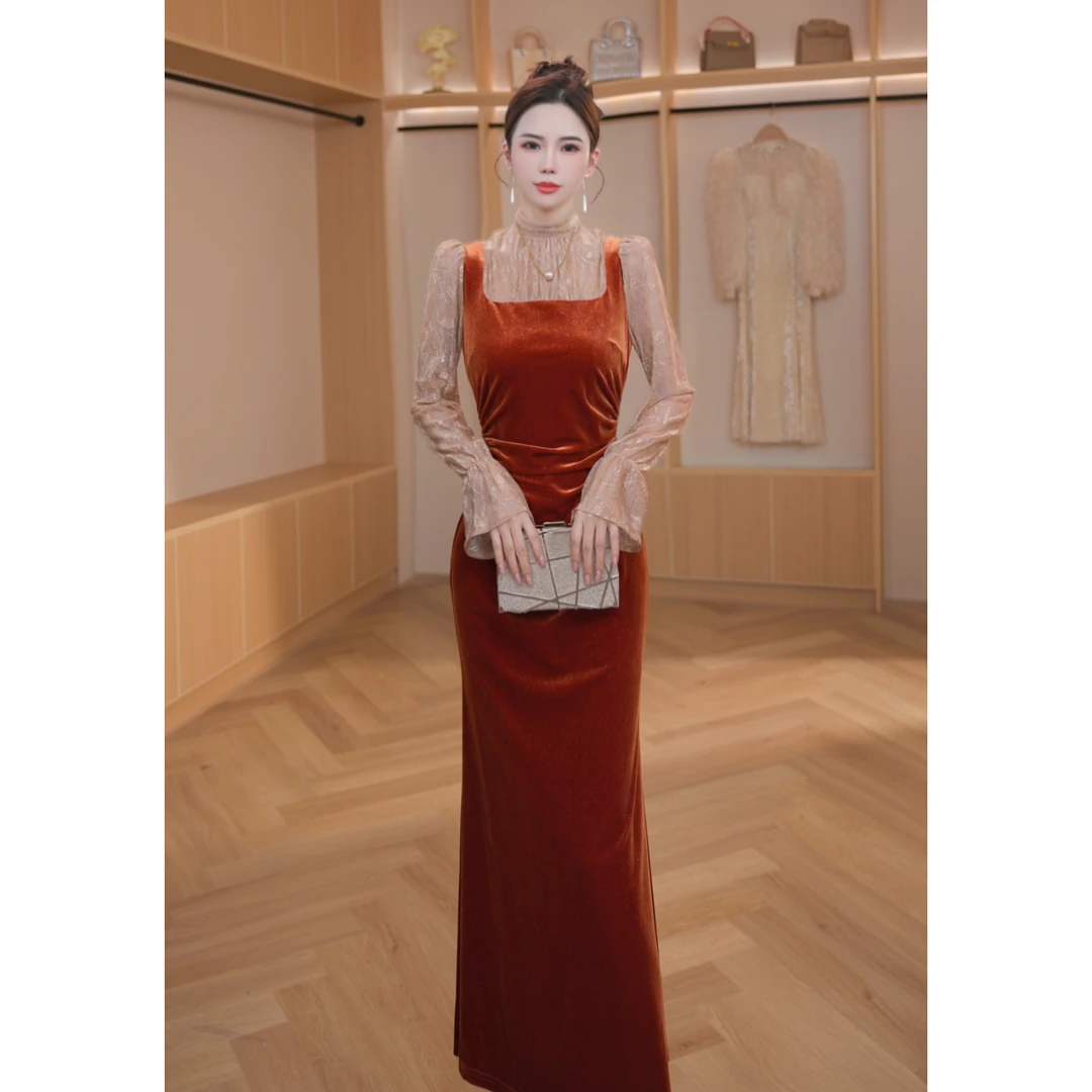 设计师新款时尚中长款丝柔拼接长袖修身显瘦连衣裙21016