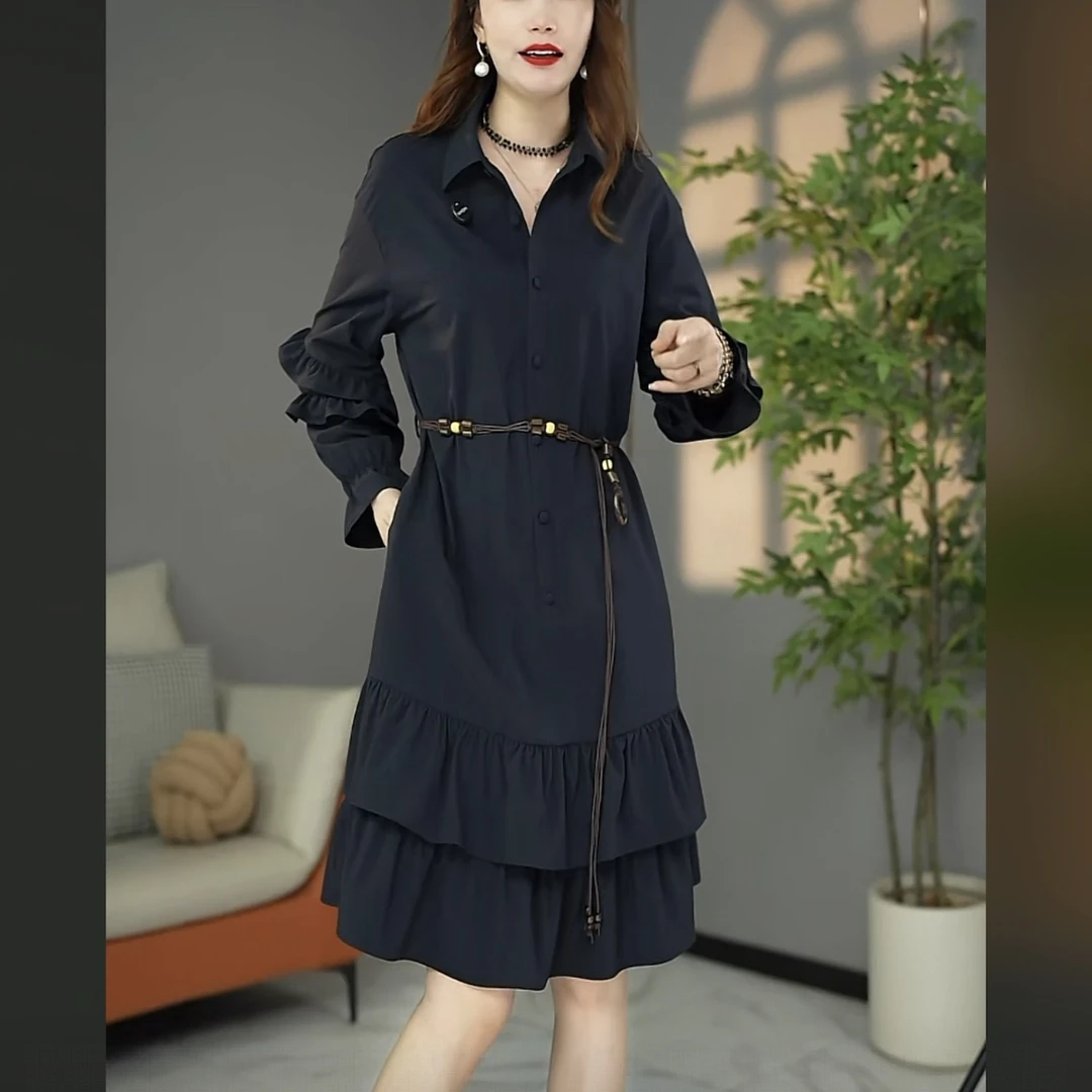 【连衣裙】原创设计师款新款高货欧版宽松收腰中长款衬衣领连衣裙