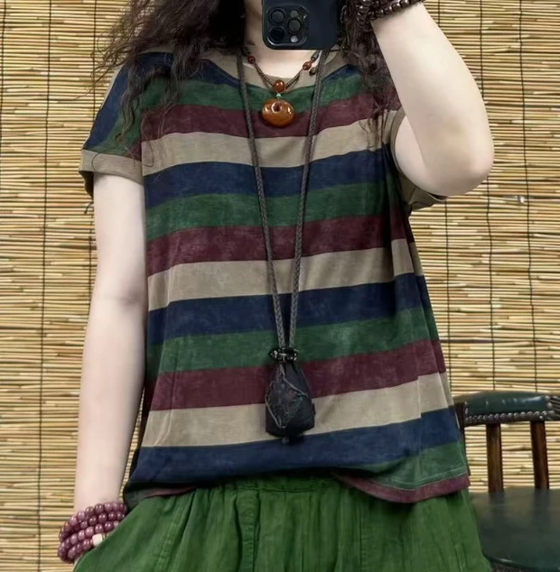 夏季圆领女款复古上衣港风宽松大码短袖显瘦彩色条纹T恤