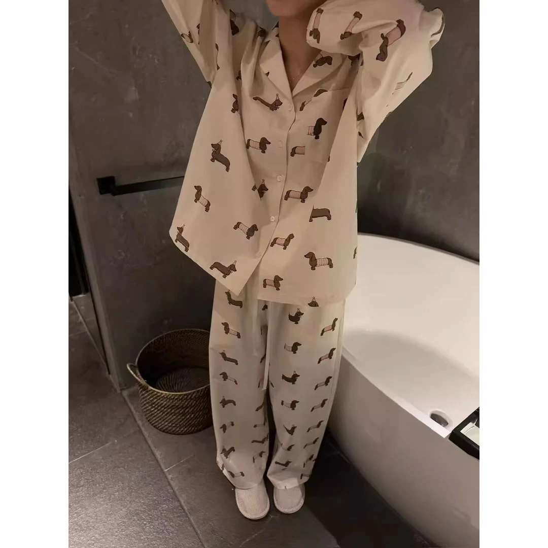 【春夏焕新】甜美可爱腊肠狗印花长袖睡衣女春款休闲大码家居服