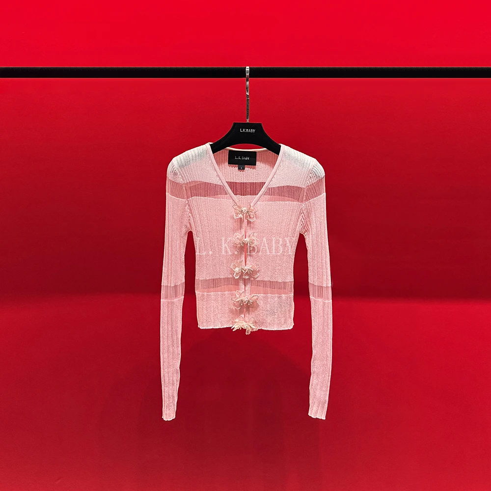 【L.K.BABY】一见心动  纯欲性感「透视分割」气质花朵冰感针织开衫