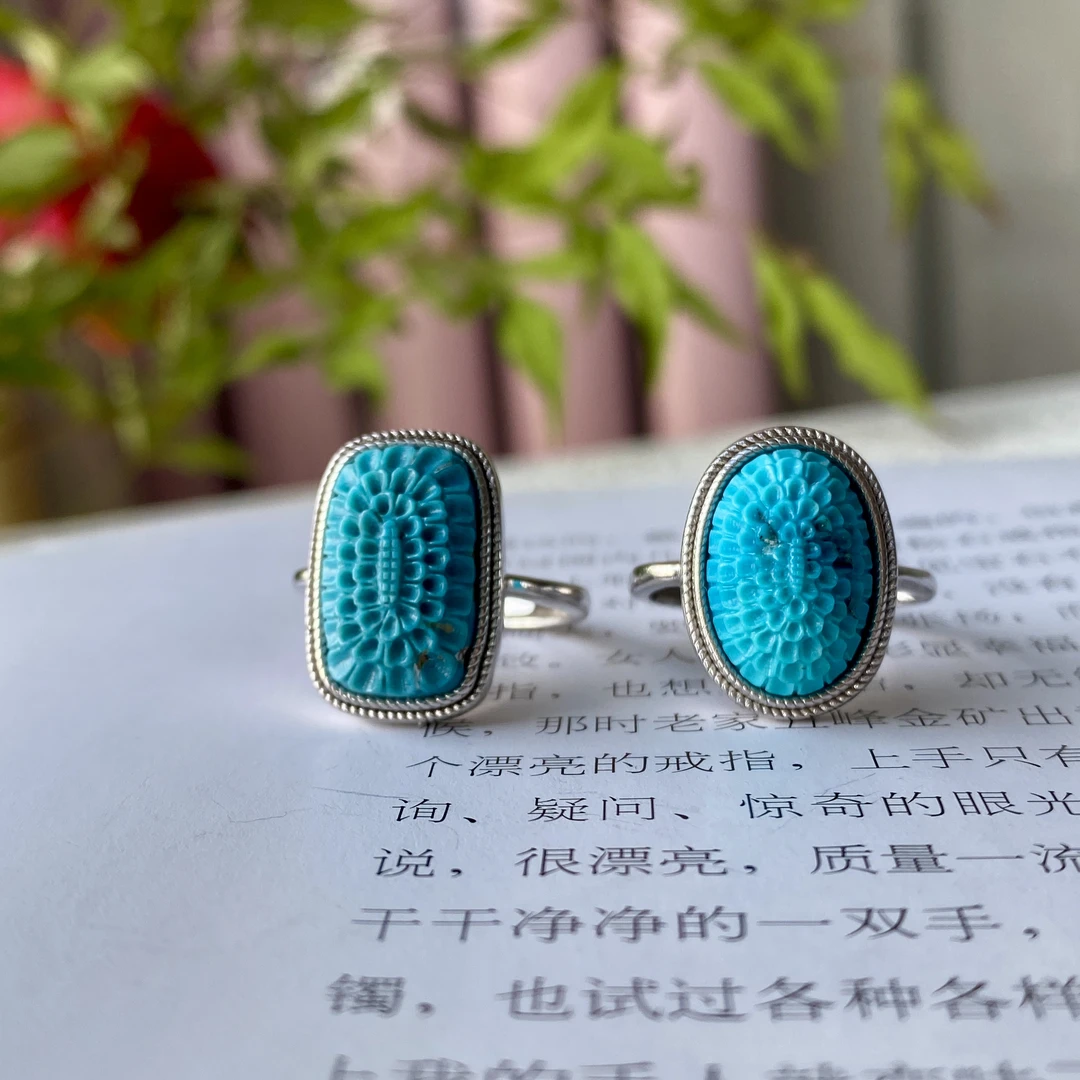 原矿湖北绿松石银镶时尚个性精品格桑花戒指