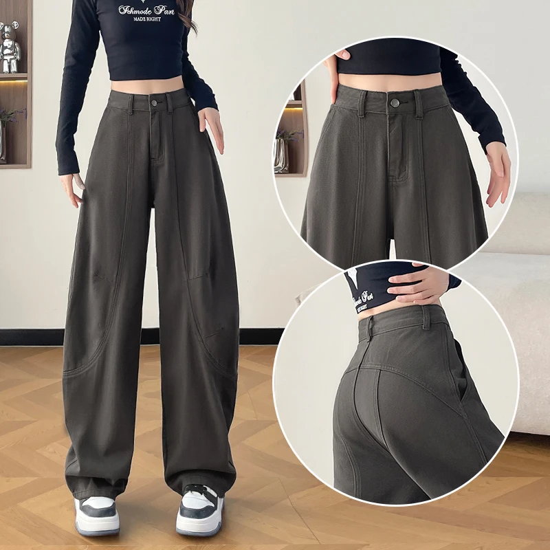 蜜蜜穿搭加绒加厚咖色弯刀牛仔裤女拼接2025冬季梨形身材镰刀裤子