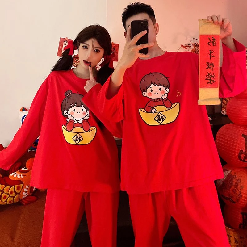 情侣睡衣女春秋季长袖纯棉2025新款红色本命年男士婚庆家居服套装