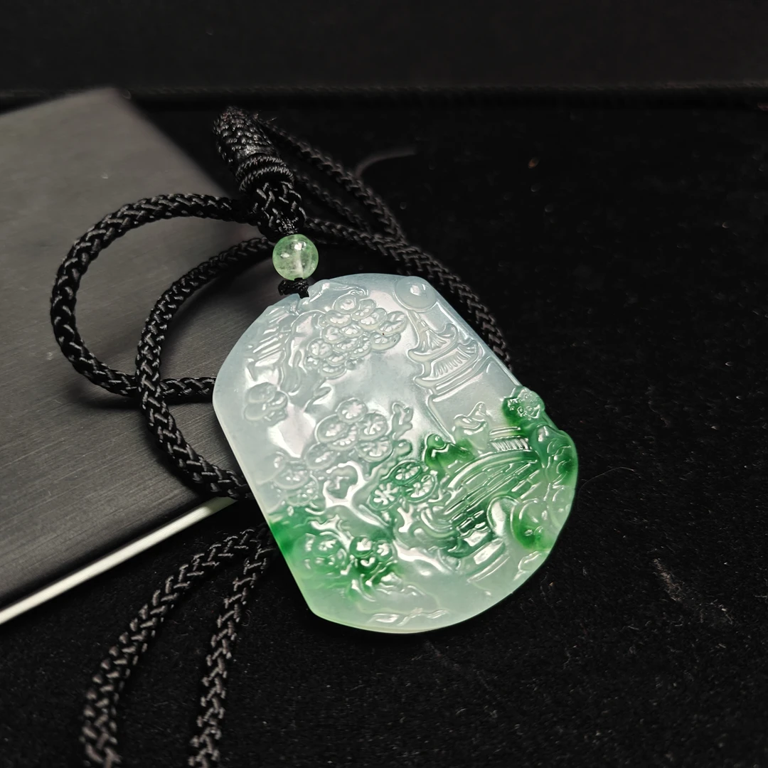 [停业清货]缅甸冰底绿飘花山水牌吊坠-154-多样性发一