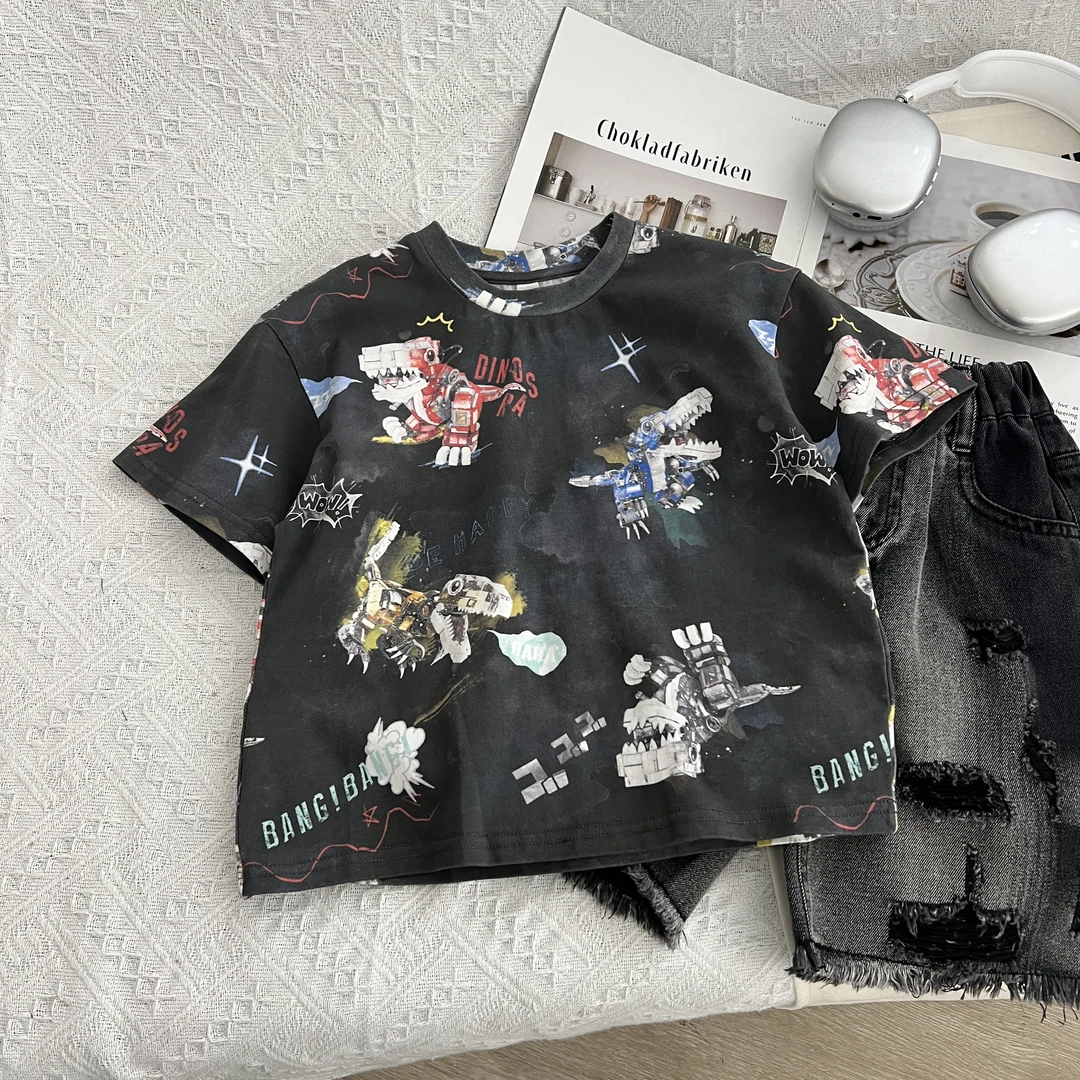 2025年夏季新款儿童短袖休闲百搭宽松时尚洋气80020恐龙短袖黑色