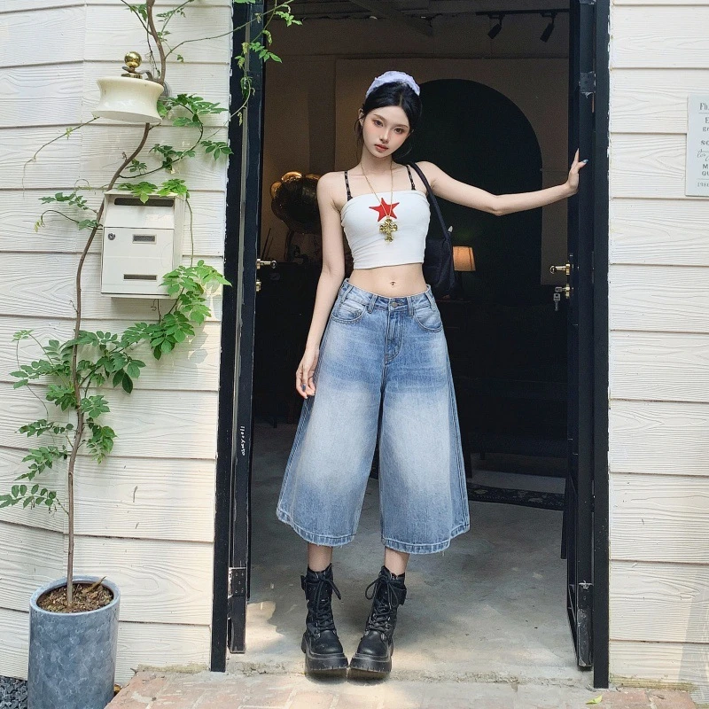 爆款美式复古高腰宽松阔腿裤百搭春夏显瘦直筒七分短裤牛仔裤女
