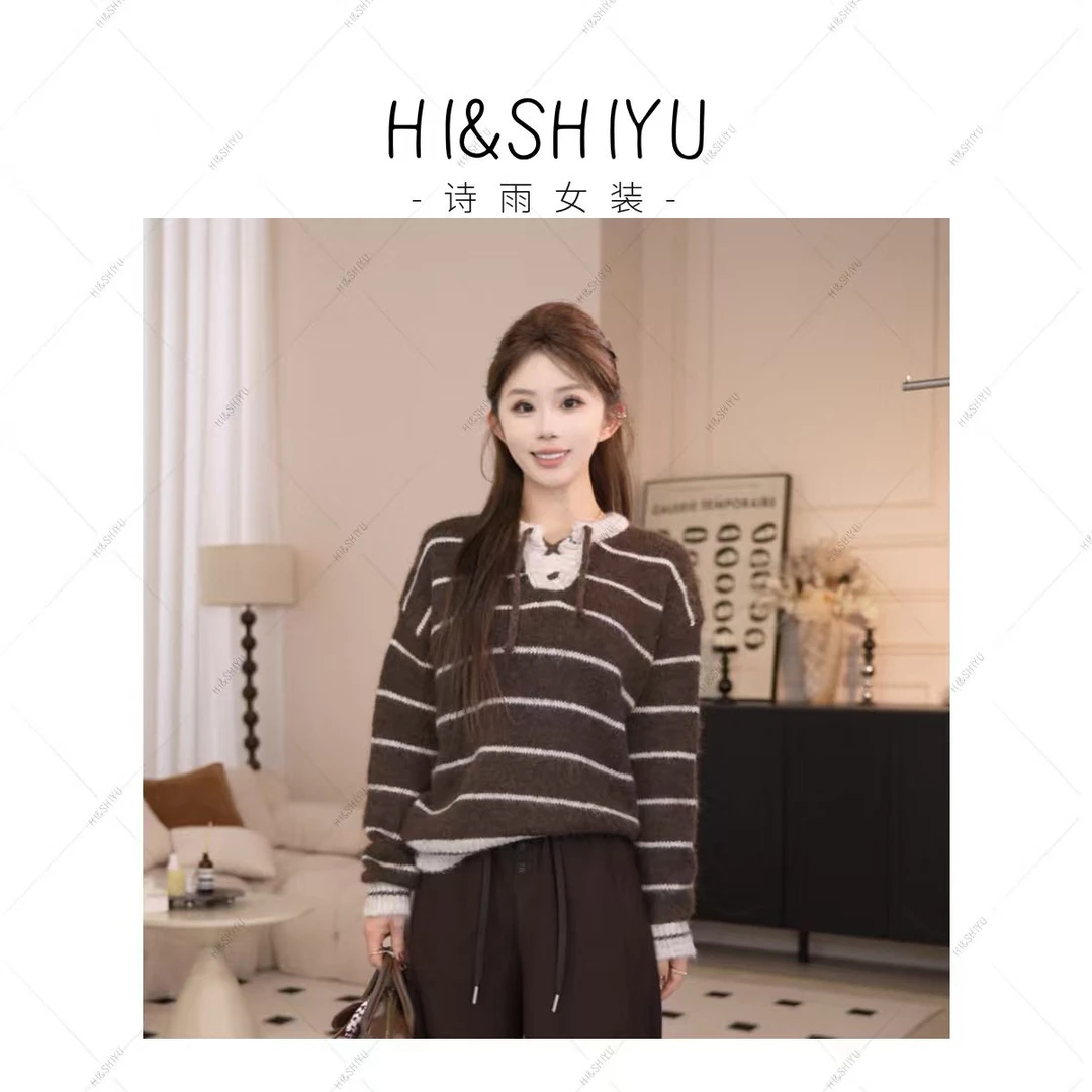 HISHIYU【少女梦境】美拉德复古条纹系绳慵懒风软糯针织衫上衣秋冬