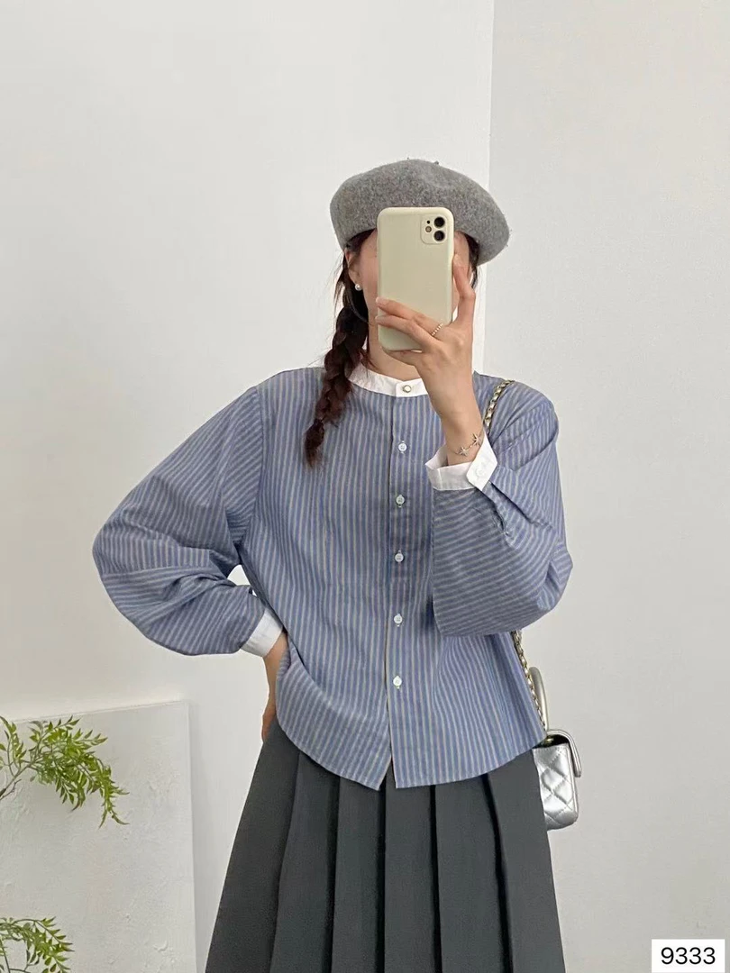 港风复古撞色条纹衬衫女长袖新款设计感小众洋气泡泡袖上衣女9333