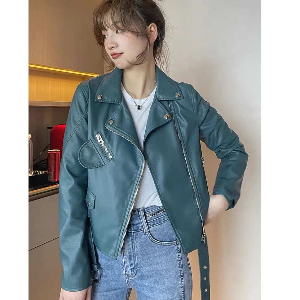 KIKI严选：【8228】欧货韩版翻领短款修身显瘦帅气机车服皮外套