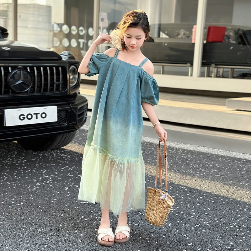 新款女童渐变露肩吊带连衣裙2025夏季新款中大童渐变色连衣裙