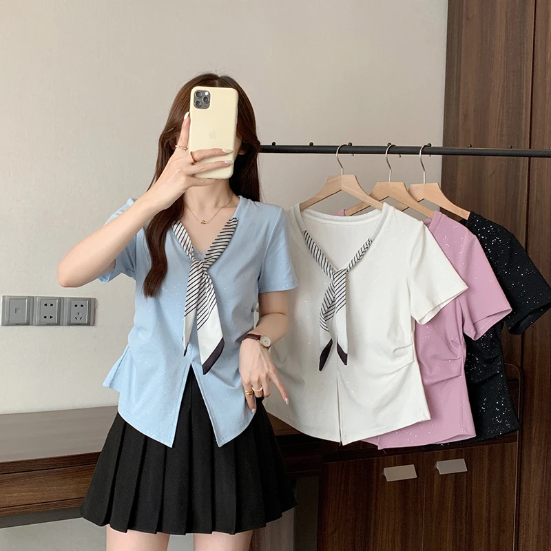 2025夏装新款胖mm大码女韩系优雅丝带掐腰开叉短袖T恤A1748