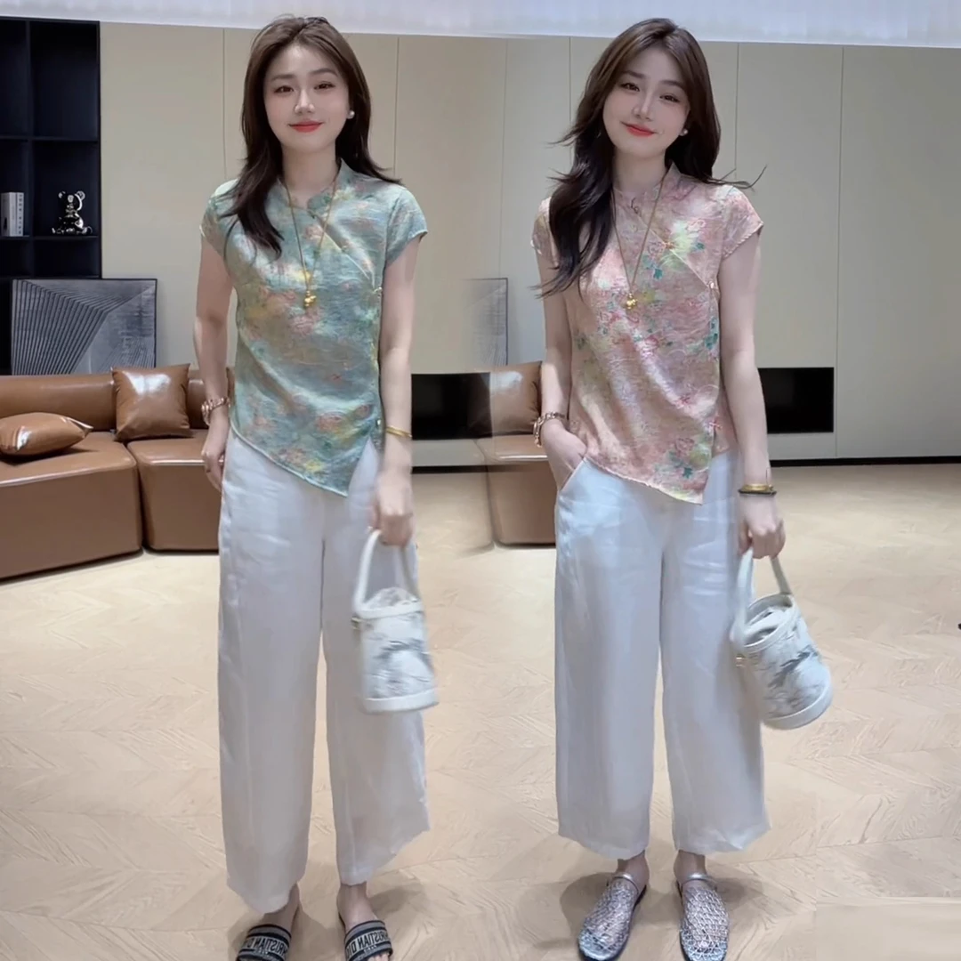 时尚套装女2025夏季新款洋气显瘦新中式盘扣短袖上衣阔腿裤两件套