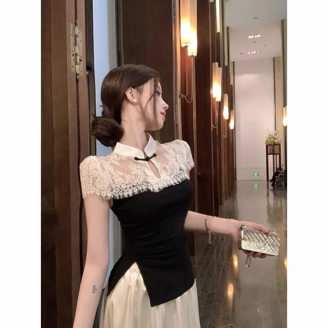 小个子新中式蕾丝拼接短袖衬衫